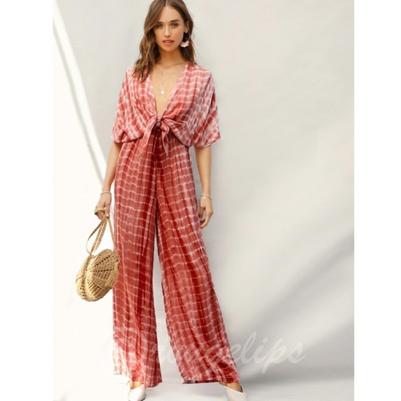 Tie Dye Jumpsuit Red Wide Leg Tie Front Deep V-Neck - Picture 6 of 7